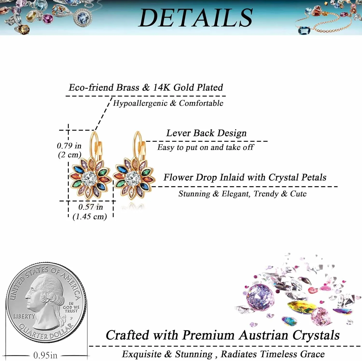 Austrian Crystal Flower Drop Leverback Earrings for Women Fashion 14K Gold Plated Hypoallergenic Jewelry