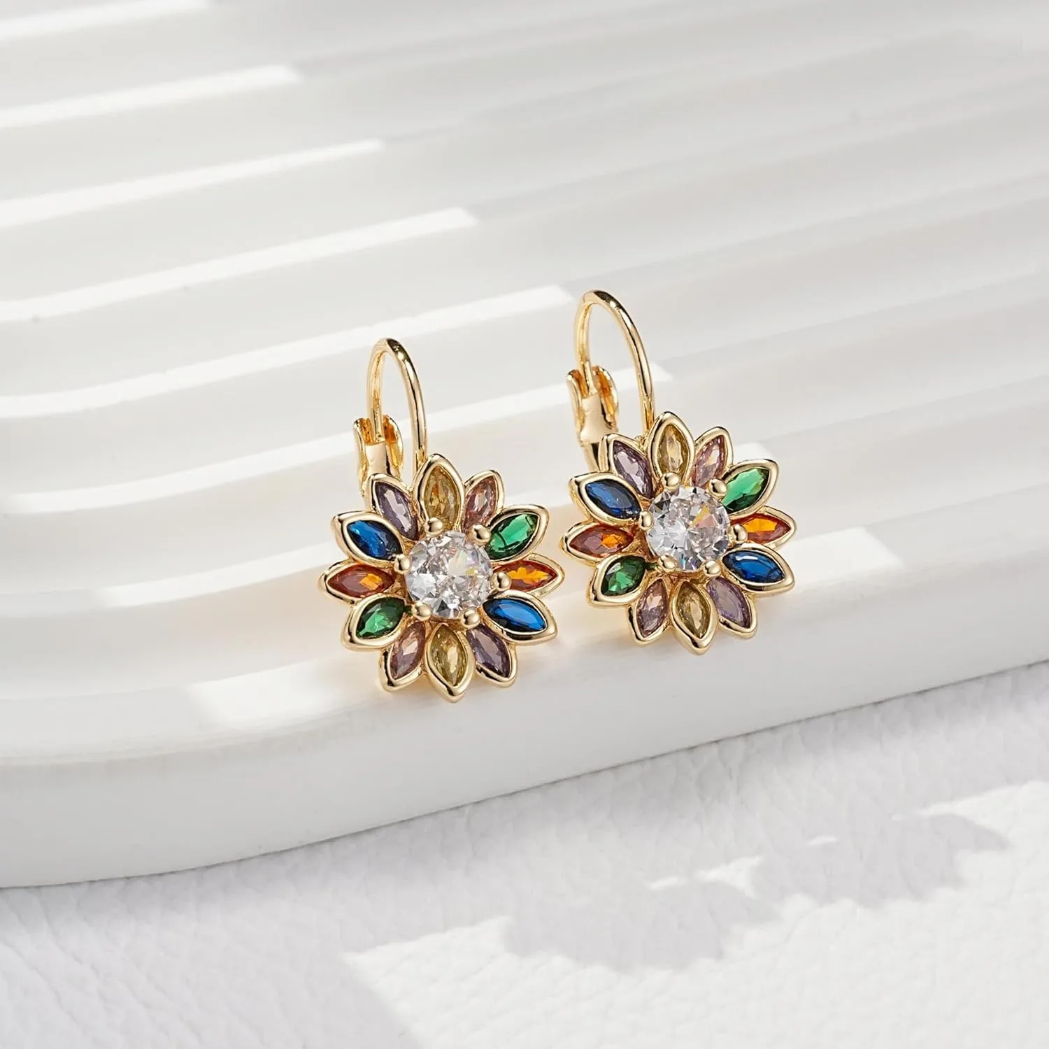 Austrian Crystal Flower Drop Leverback Earrings for Women Fashion 14K Gold Plated Hypoallergenic Jewelry