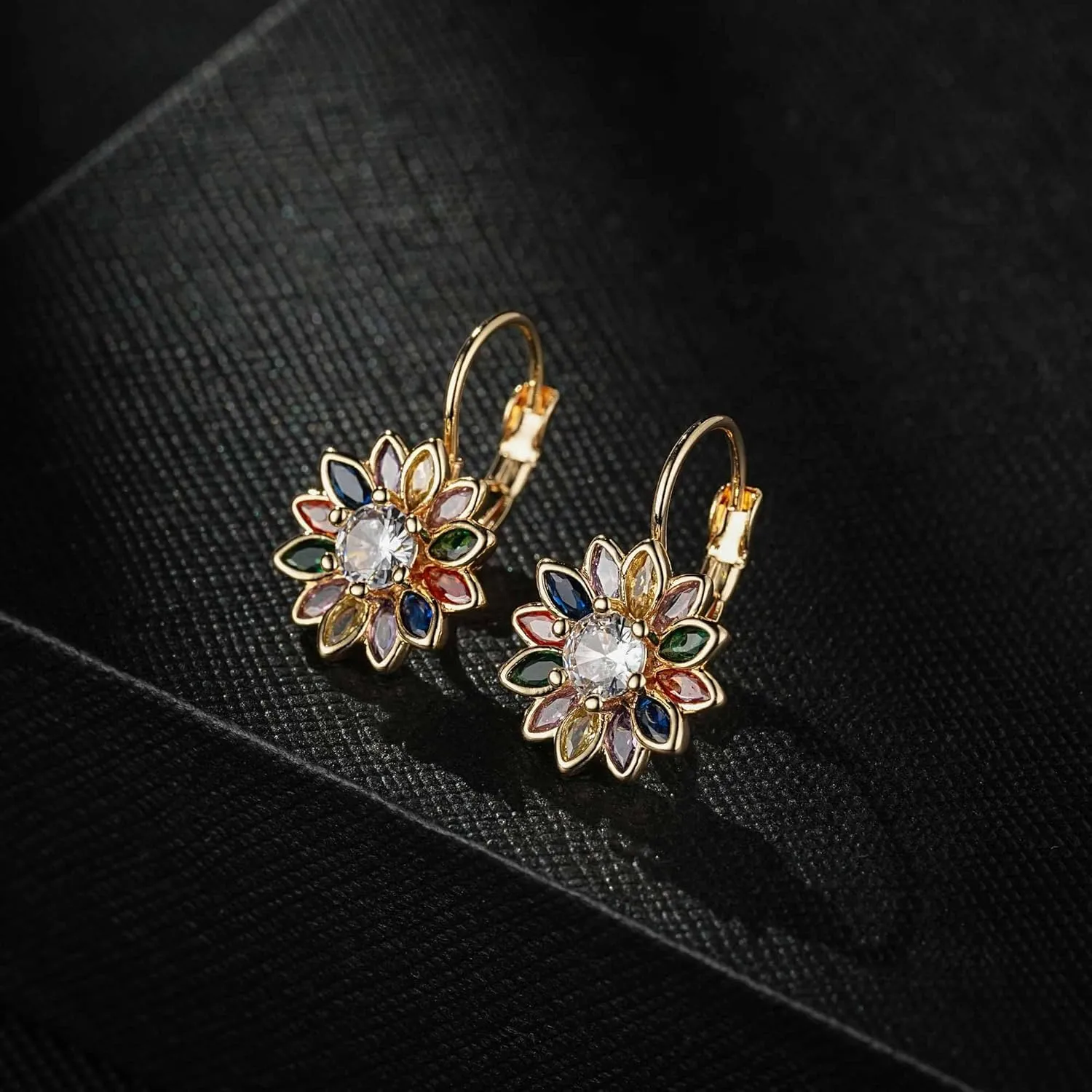 Austrian Crystal Flower Drop Leverback Earrings for Women Fashion 14K Gold Plated Hypoallergenic Jewelry