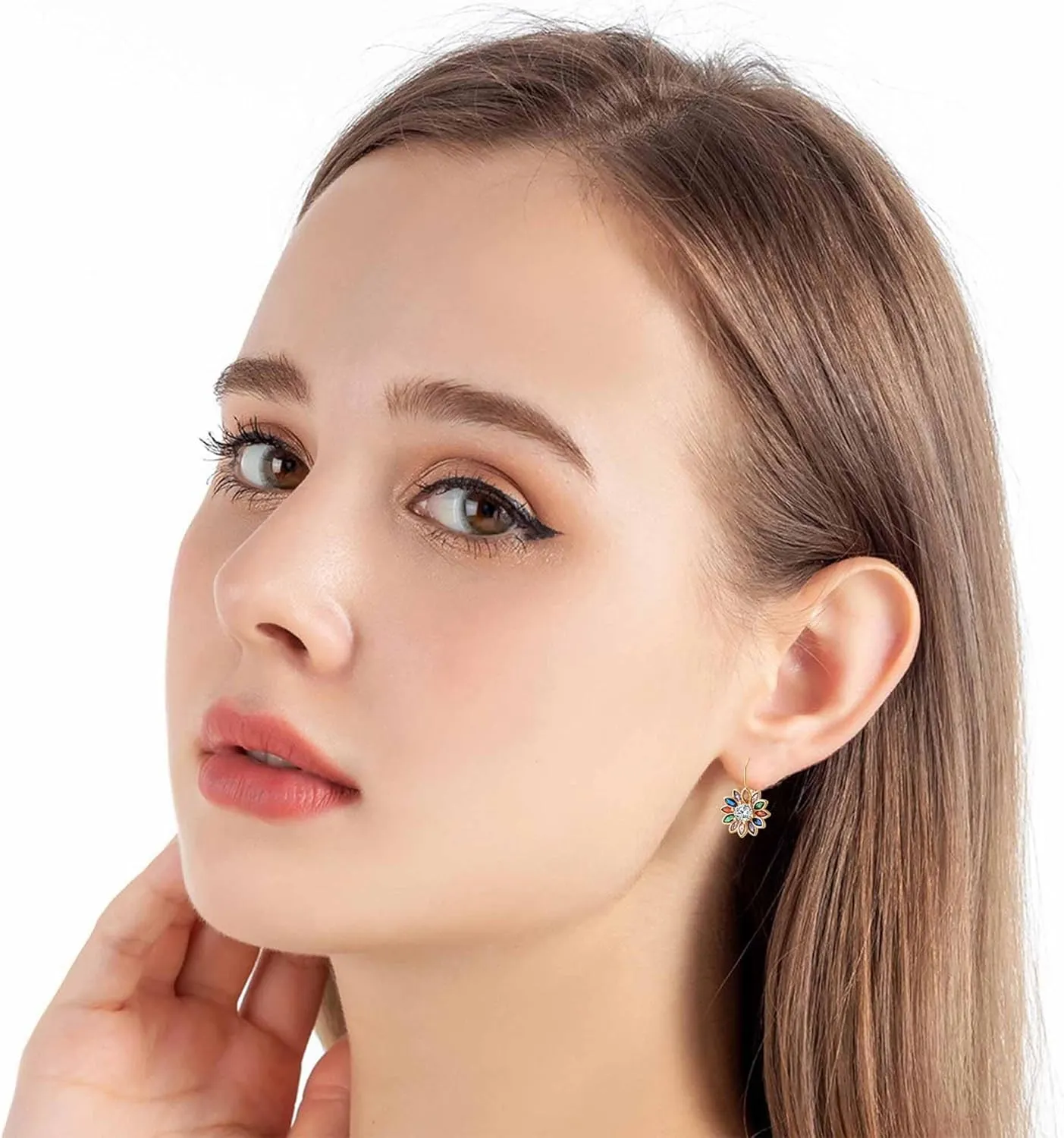 Austrian Crystal Flower Drop Leverback Earrings for Women Fashion 14K Gold Plated Hypoallergenic Jewelry