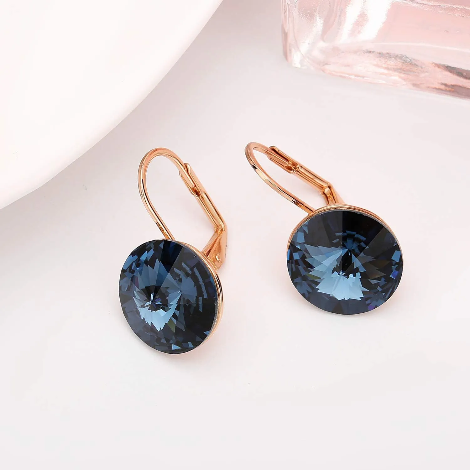 Austrian Crystal Round Drop Earrings for Women 14K Gold Plated Hypoallergenic Leverback Hoop Earrings
