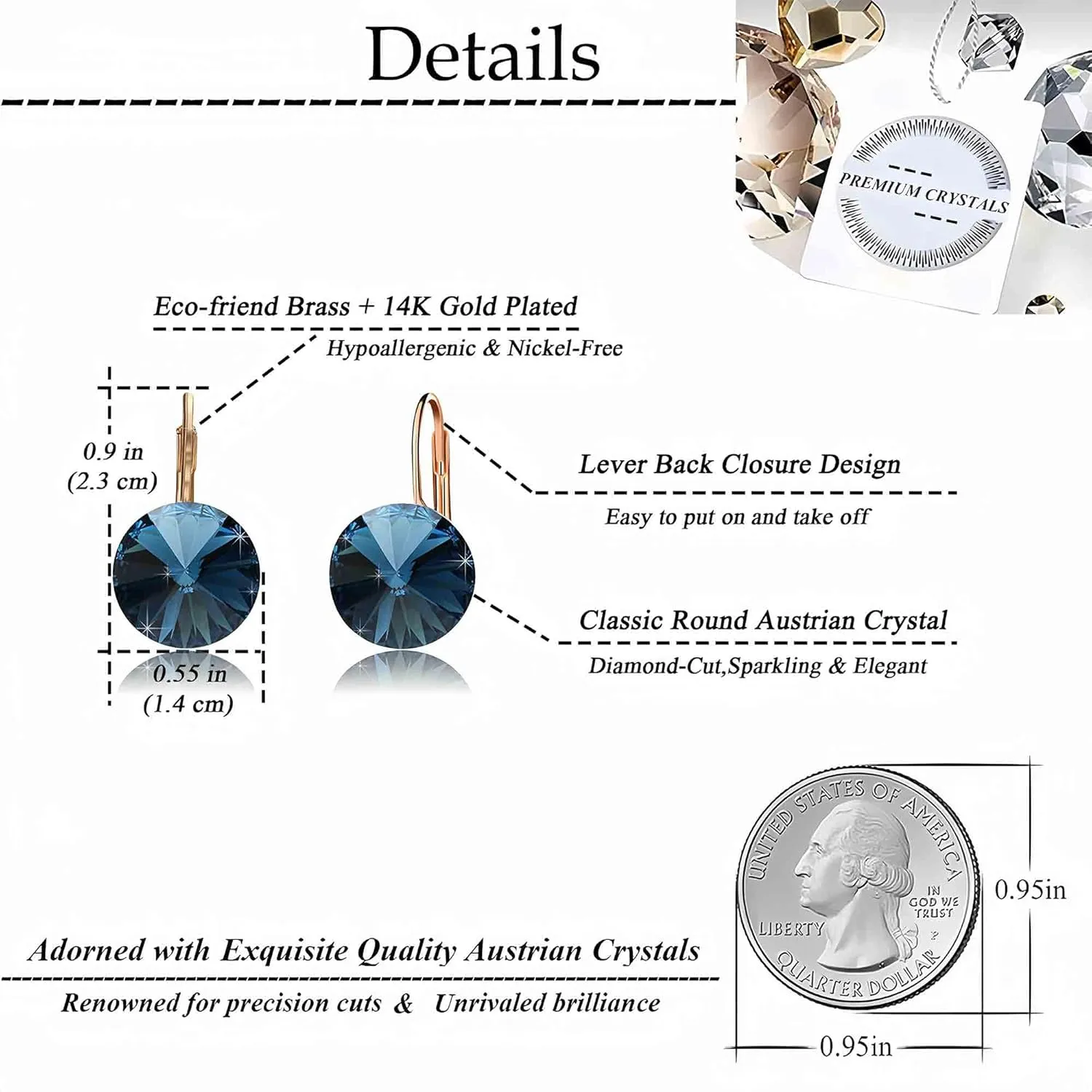 Austrian Crystal Round Drop Earrings for Women 14K Gold Plated Hypoallergenic Leverback Hoop Earrings