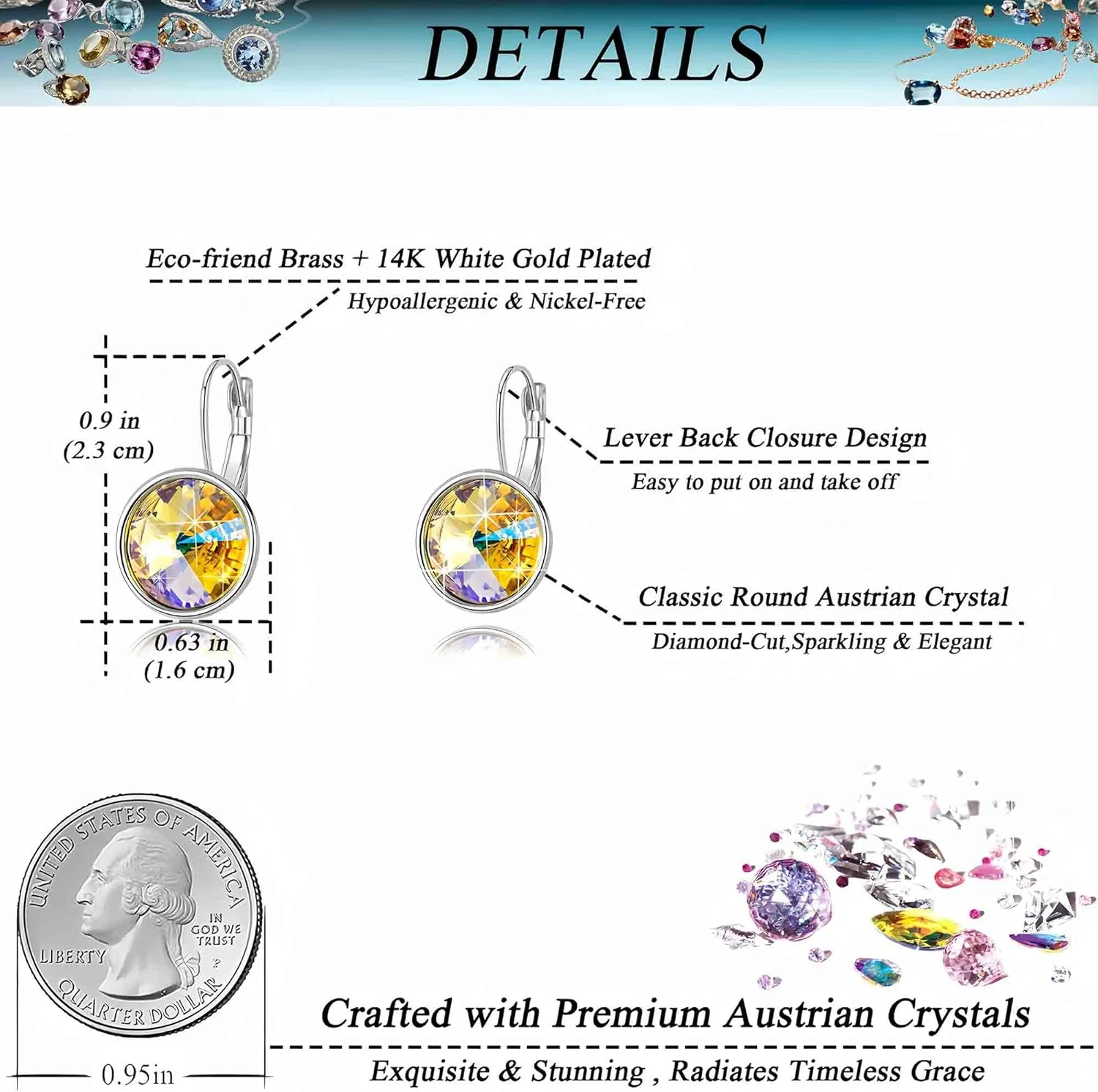 Austrian Crystals Round Drop Leverback Earrings for Women 14K Gold Plated Hypoallergenic Hoop Earrings
