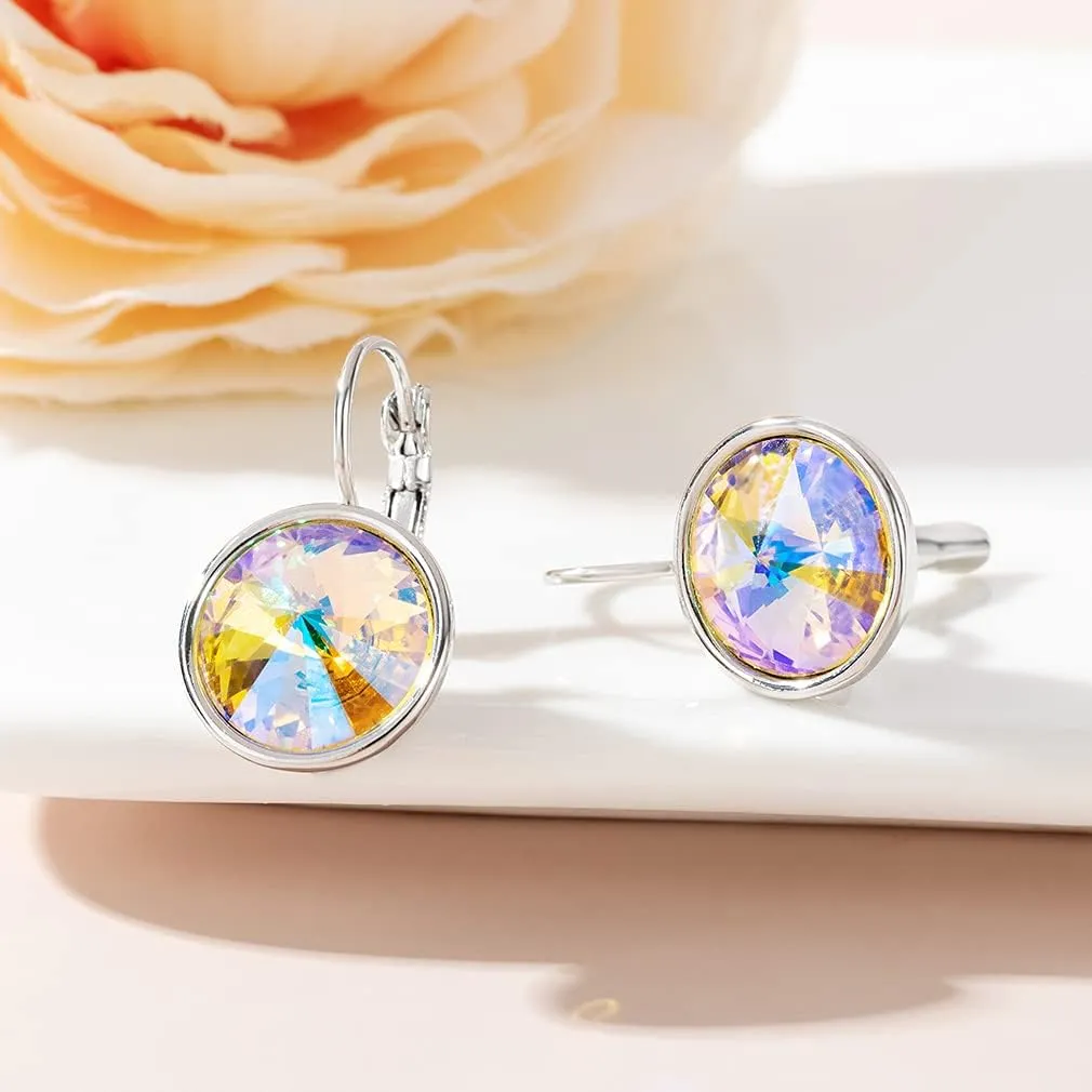 Austrian Crystals Round Drop Leverback Earrings for Women 14K Gold Plated Hypoallergenic Hoop Earrings