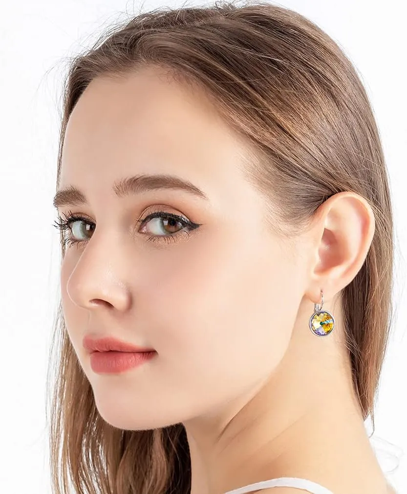 Austrian Crystals Round Drop Leverback Earrings for Women 14K Gold Plated Hypoallergenic Hoop Earrings