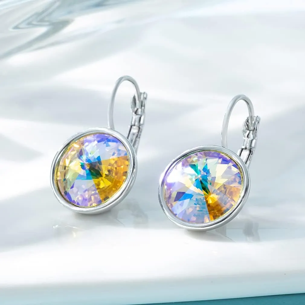 Austrian Crystals Round Drop Leverback Earrings for Women 14K Gold Plated Hypoallergenic Hoop Earrings