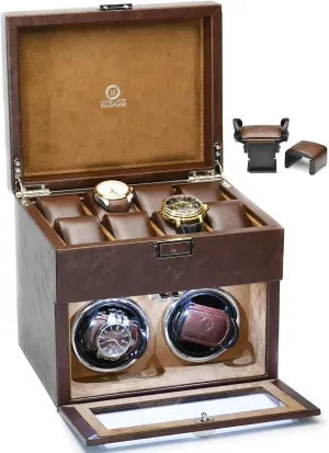 Automatic Watch Winder Box for Men Watch Winding Box for Automatic Watches 2 Watch Winder Slots and 8 Watches Safe Case Compartment - Mirage Coffee Brown Swiss-Motif (US Brand and Design)