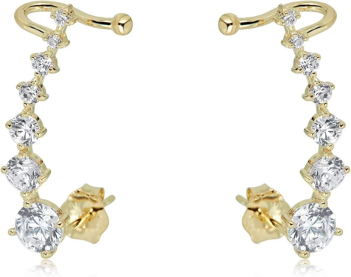 AVORA 10K Yellow Gold Ear Crawler/Climber Cuff Simulated Diamond CZ Earrings