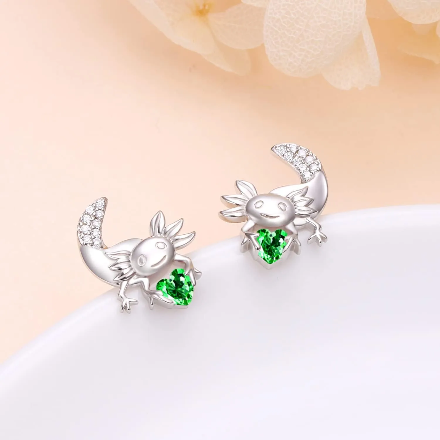 Axolotl Earrings/Ring for Women 925 Sterling Silver Hypoallergenic Axolotl Stud/Hoop Earrings Birthstone Cute Animal Jewelry Gift for Women