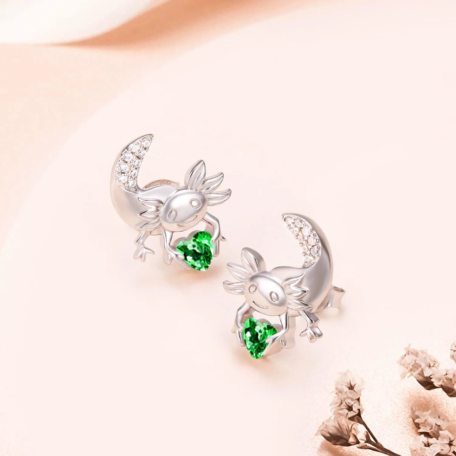 Axolotl Earrings/Ring for Women 925 Sterling Silver Hypoallergenic Axolotl Stud/Hoop Earrings Birthstone Cute Animal Jewelry Gift for Women