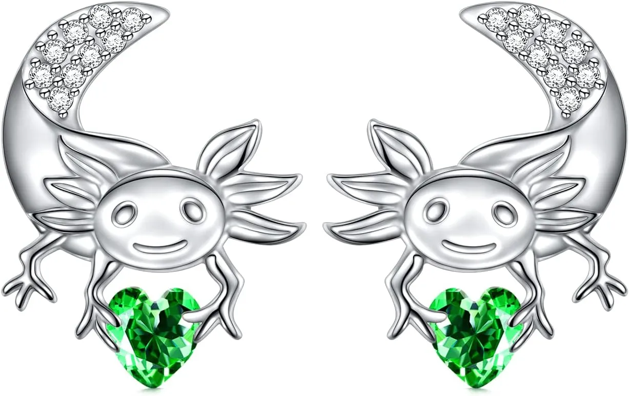 Axolotl Earrings/Ring for Women 925 Sterling Silver Hypoallergenic Axolotl Stud/Hoop Earrings Birthstone Cute Animal Jewelry Gift for Women