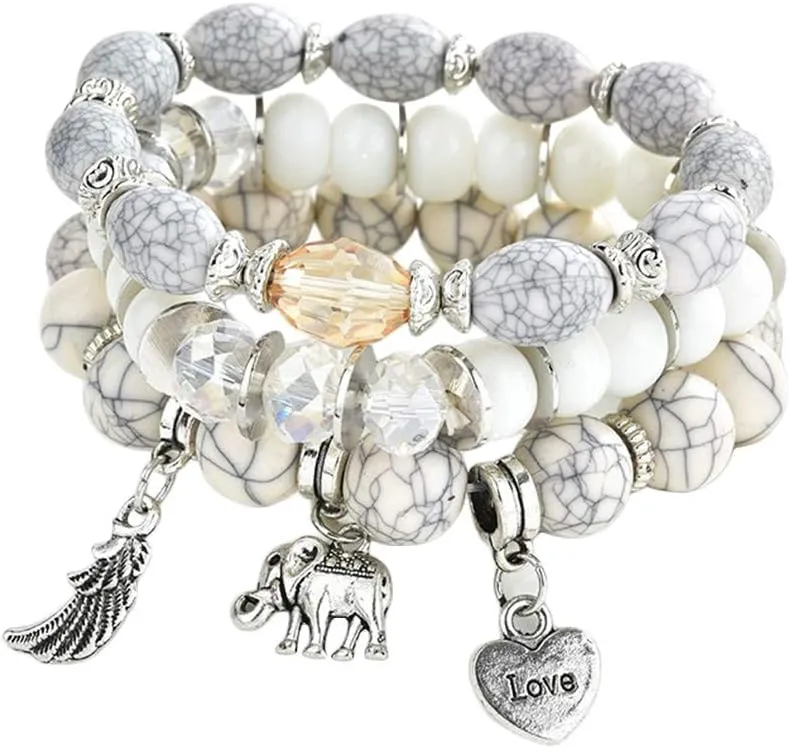 AZILIND Bohemian Stretch Bracelet Ethnic Style Wings Peach Heart Elephant Tassel Pendant Multilayer Stackable Bracelets