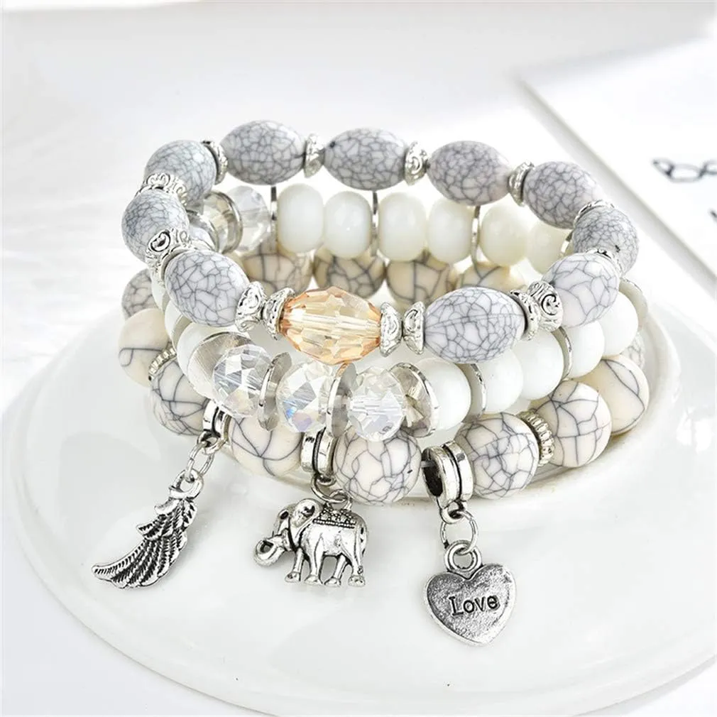 AZILIND Bohemian Stretch Bracelet Ethnic Style Wings Peach Heart Elephant Tassel Pendant Multilayer Stackable Bracelets