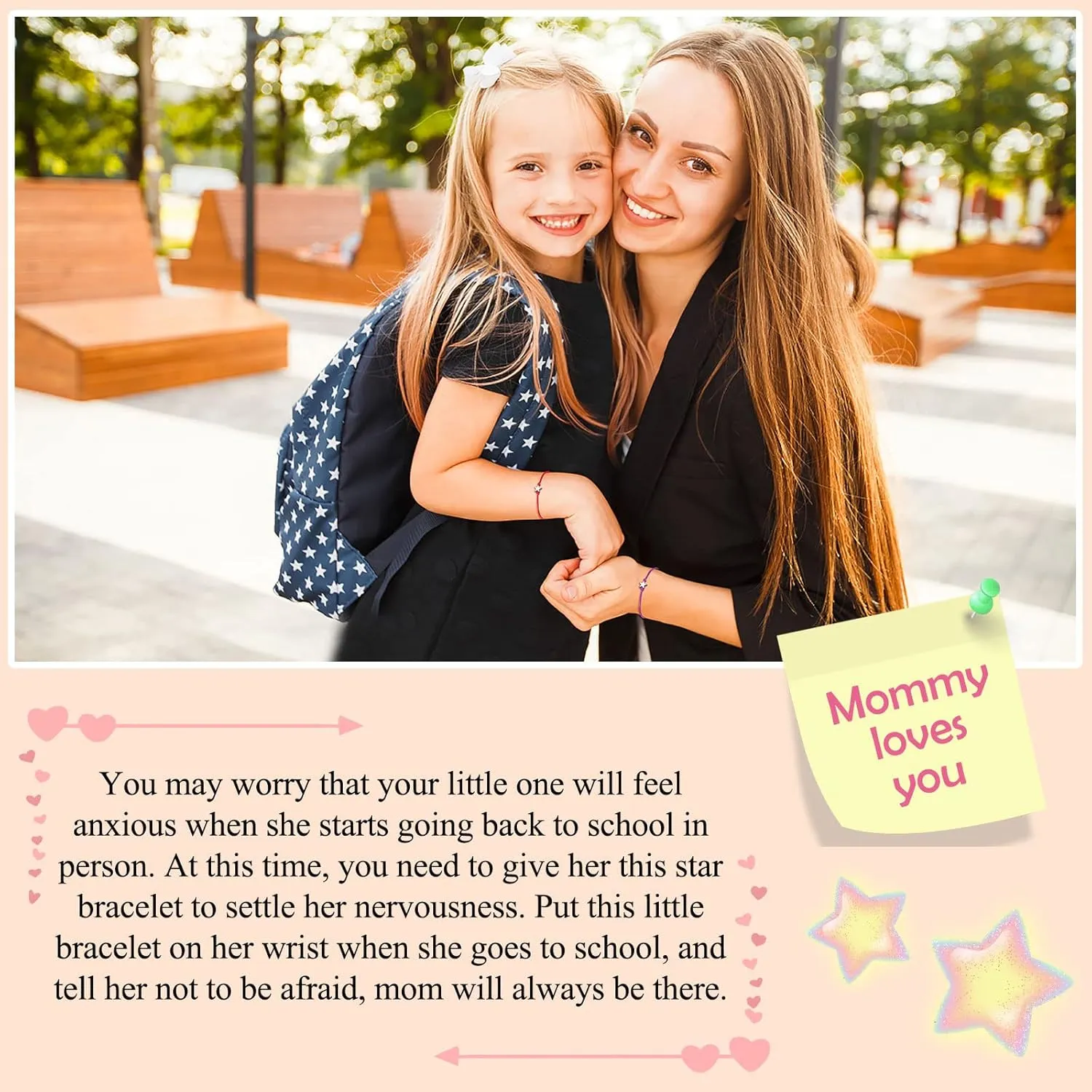 Back to School Gifts, Black/Red/Blue/Pink/Green/Fuchsia Mommy and Me Star Wish Bracelets, Firsr Day of School Gifts for Girls Boys Daughter Son
