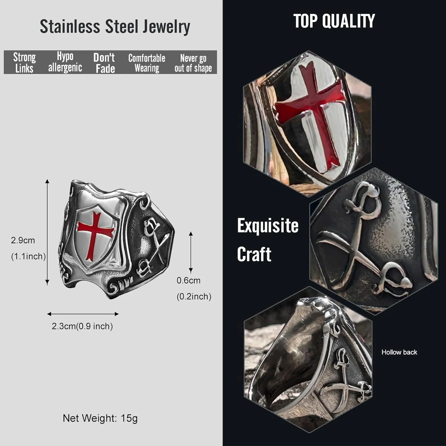 bahamut Knights Templar Cross Ring for Men Stainless Steel Vintage Crusader Amulet Religious Medieval Rings Holy Knight Jewelry Gifts