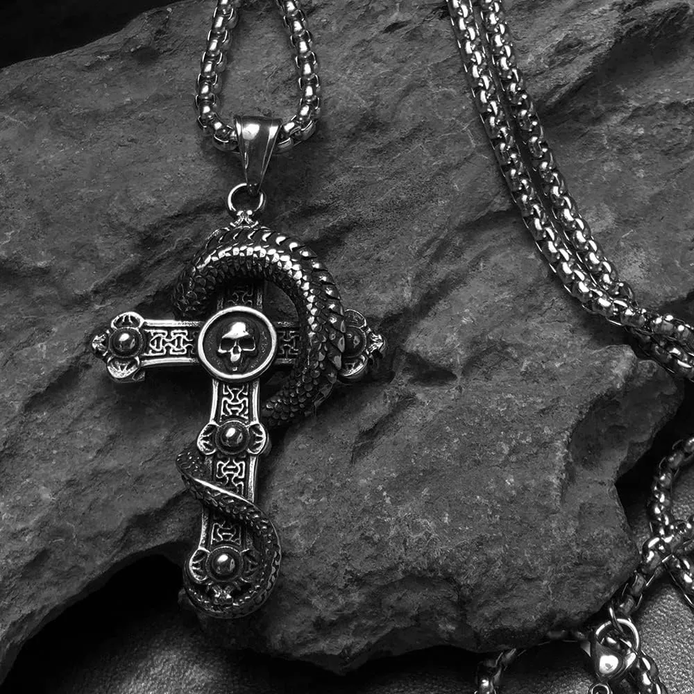 bahamut Mens Skull Dragon Pendant Necklace for Men Silver Cool Goth Accessory Jewelry with Stainless Steel Chain