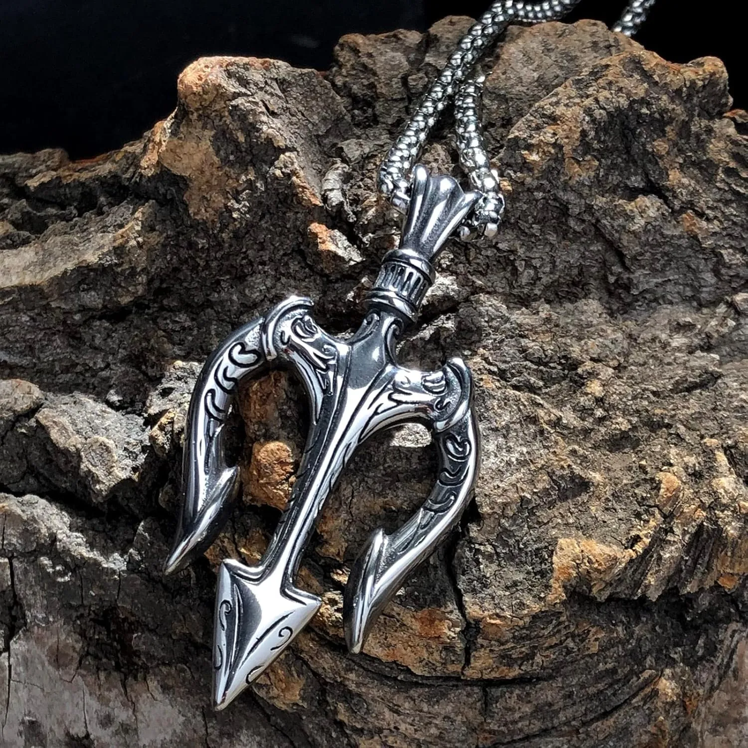 bahamut Neptune Poseidon Trident Weapon Protection Necklace for Men,Greece Amulet Gold Pendant Stainless Steel Chain Jewelry