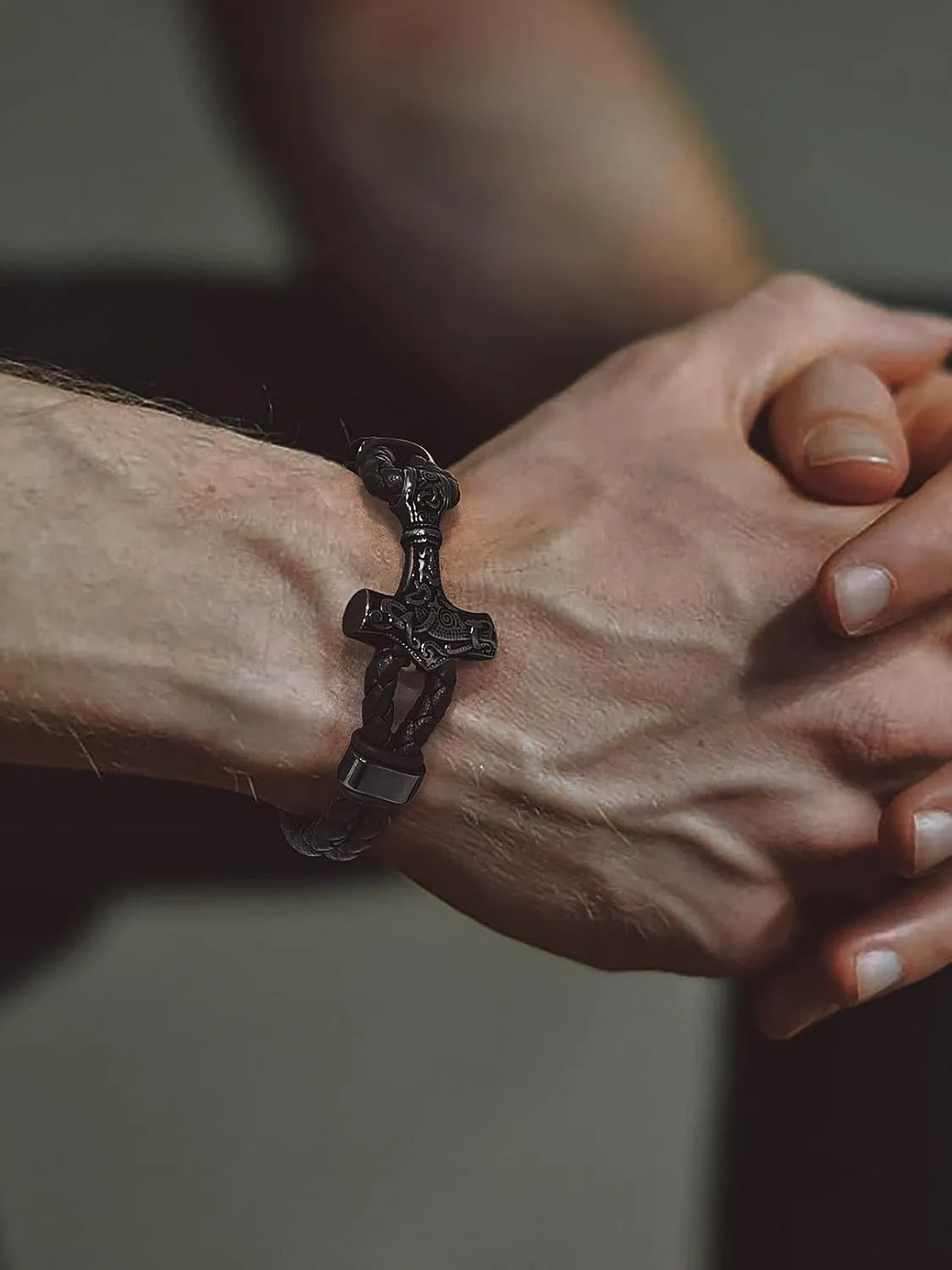 Bandmax Mens Black Leather Braided Wristband with Pendant Gothic Punk Leather Cuff Charm Bracelet Wristband with Stainless Steel Buckle -Gift Packed