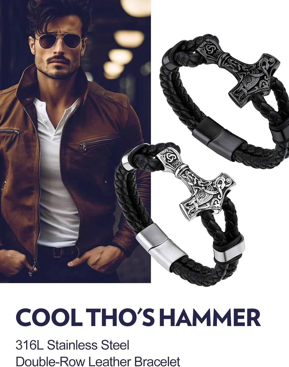Bandmax Mens Black Leather Braided Wristband with Pendant Gothic Punk Leather Cuff Charm Bracelet Wristband with Stainless Steel Buckle -Gift Packed