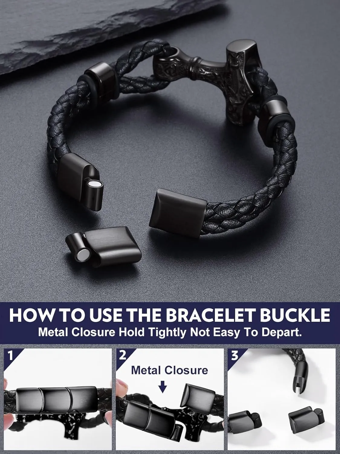 Bandmax Mens Black Leather Braided Wristband with Pendant Gothic Punk Leather Cuff Charm Bracelet Wristband with Stainless Steel Buckle -Gift Packed