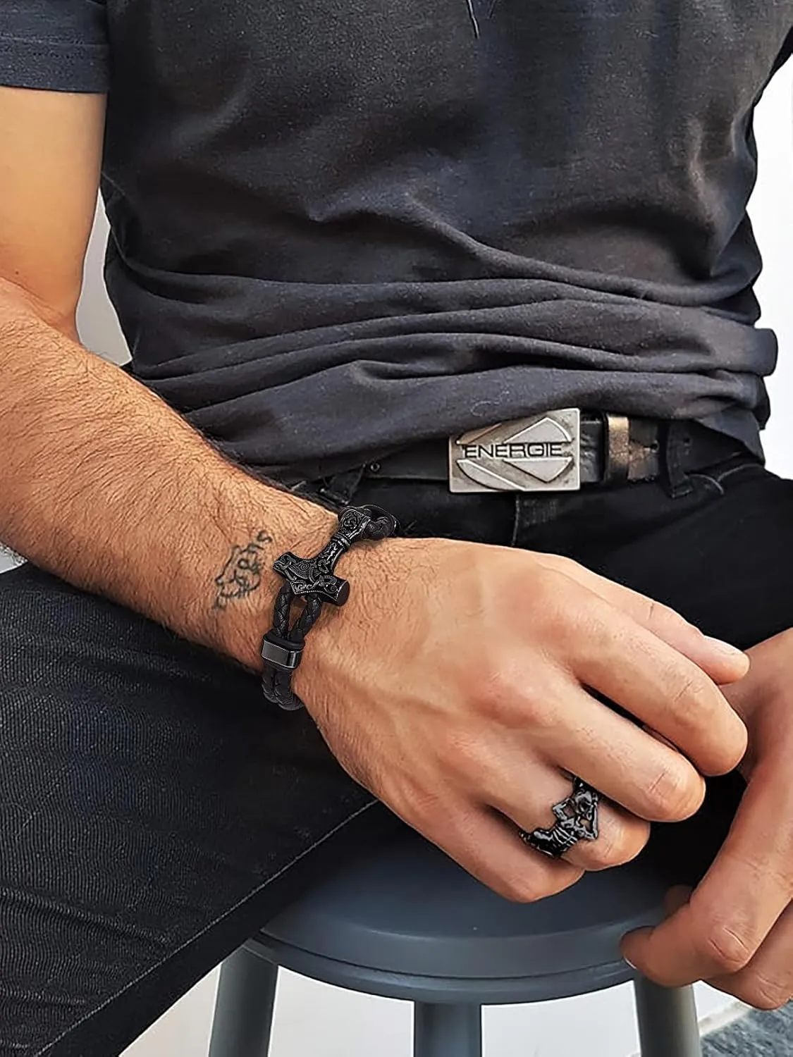 Bandmax Mens Black Leather Braided Wristband with Pendant Gothic Punk Leather Cuff Charm Bracelet Wristband with Stainless Steel Buckle -Gift Packed