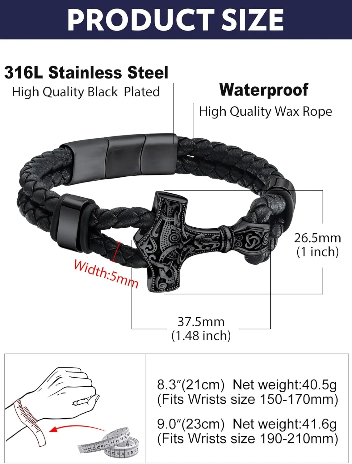Bandmax Mens Black Leather Braided Wristband with Pendant Gothic Punk Leather Cuff Charm Bracelet Wristband with Stainless Steel Buckle -Gift Packed