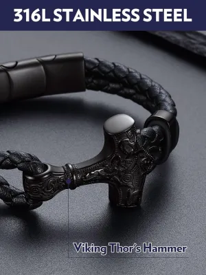 Bandmax Mens Black Leather Braided Wristband with Pendant Gothic Punk Leather Cuff Charm Bracelet Wristband with Stainless Steel Buckle -Gift Packed