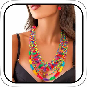 Barode Statement Layered Necklace Multicolor Wood Bead Chunky Beaded Bib Necklaces with Earings Long Multi Strand African Necklace Costume Jewelry for Women (Style 2)