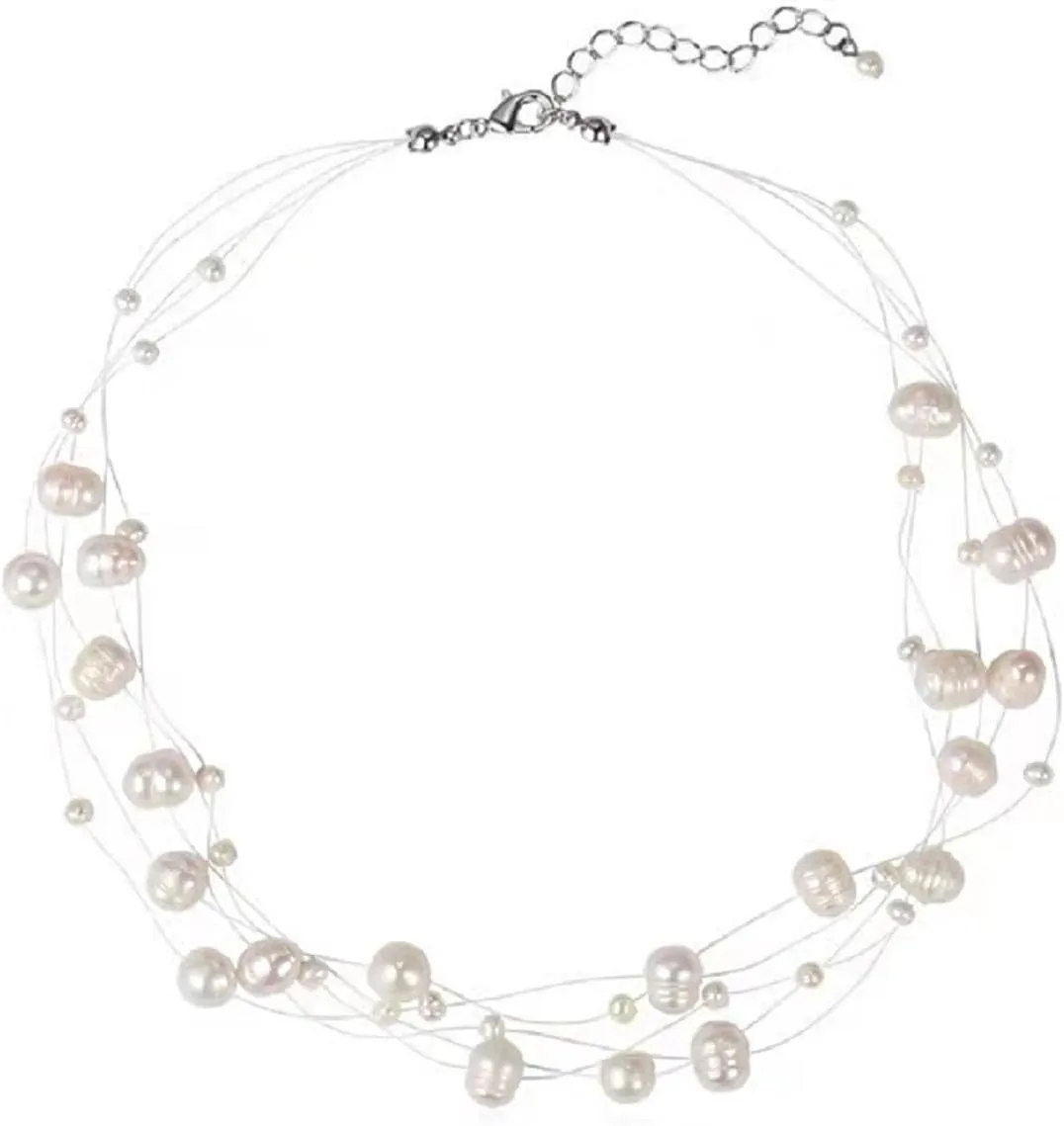 Baroque Multilayer Pearl Necklace for Women White Black Pearl Strand Handmade Wedding Jewelry