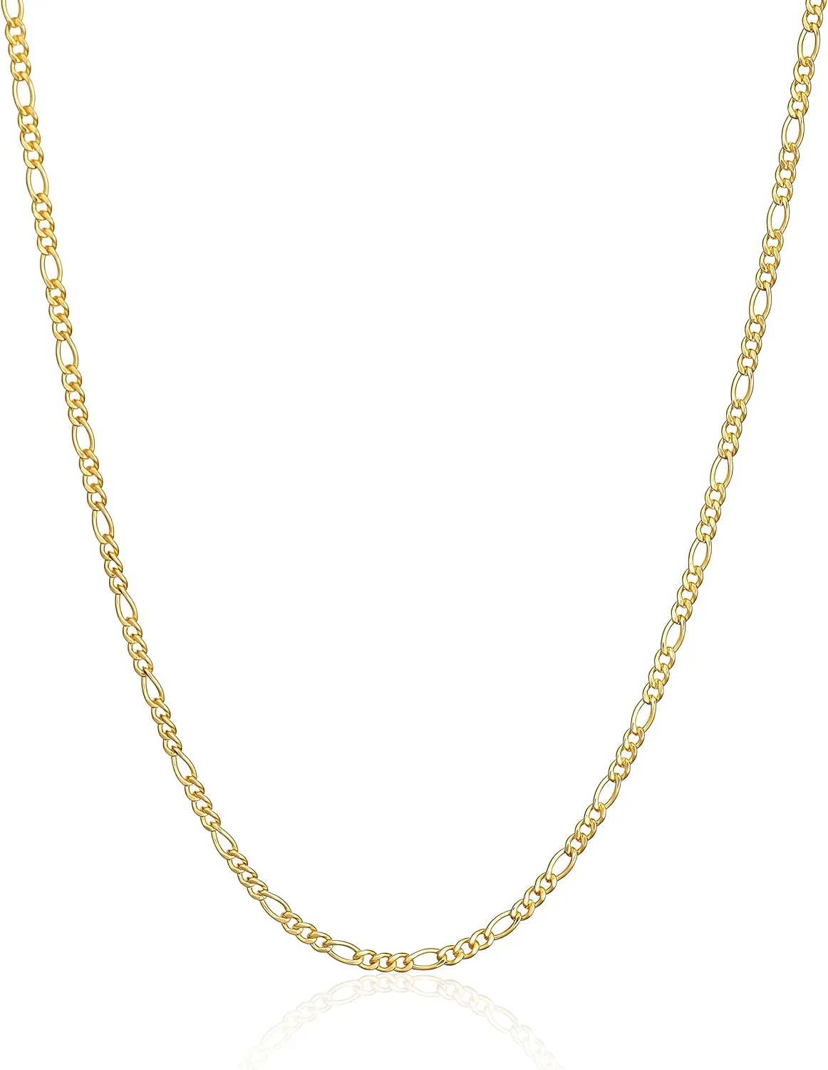 Barzel 18K Gold Plated Figaro Chain Necklace 2MM, 2.5MM, 3MM, 4MM, 4.5MM & 5MM for Women & Men