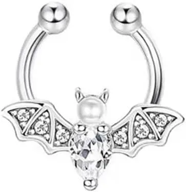 Bat Fake Septum Ring for Women Men CZ Non-Piercing Clip On Septum Rings 8mm Hoop Nose Rings Stainless Steel Body Jewelry