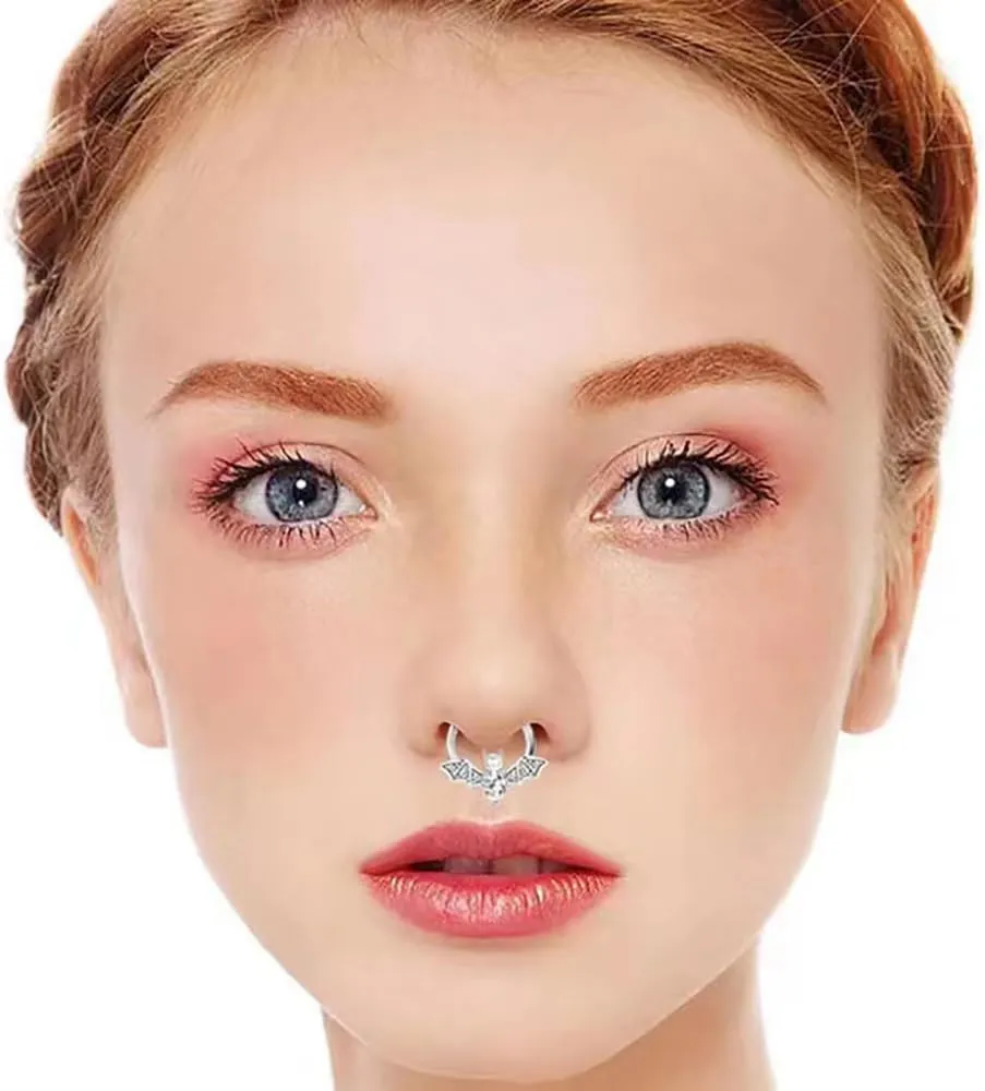 Bat Fake Septum Ring for Women Men CZ Non-Piercing Clip On Septum Rings 8mm Hoop Nose Rings Stainless Steel Body Jewelry