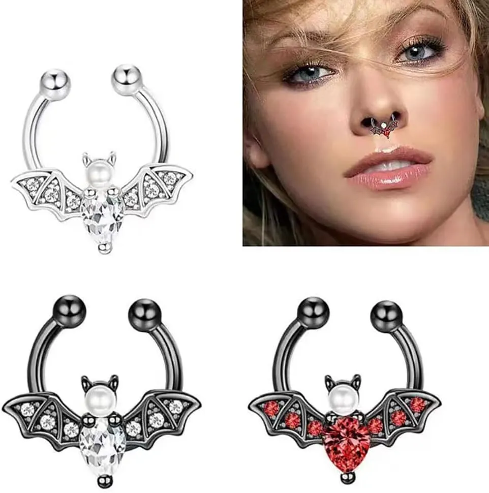 Bat Fake Septum Ring for Women Men CZ Non-Piercing Clip On Septum Rings 8mm Hoop Nose Rings Stainless Steel Body Jewelry