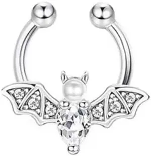 Bat Fake Septum Ring for Women Men CZ Non-Piercing Clip On Septum Rings 8mm Hoop Nose Rings Stainless Steel Body Jewelry