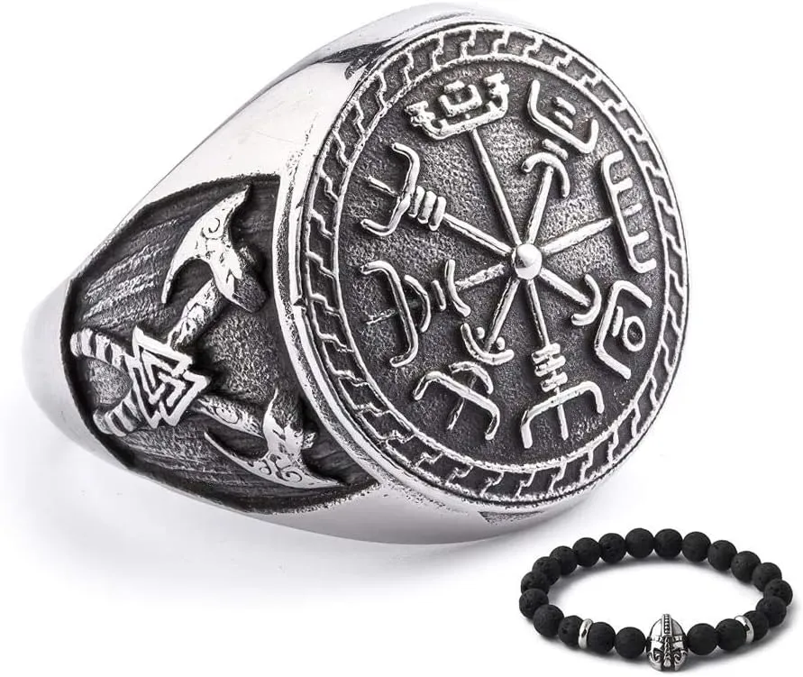 BAVIPOWER Viking Vegvisir Nordic Compass Valknut Odin Symbol Rune Celtic Knot Stainless Steel Ring Powerful Guidance Pagan Jewelry