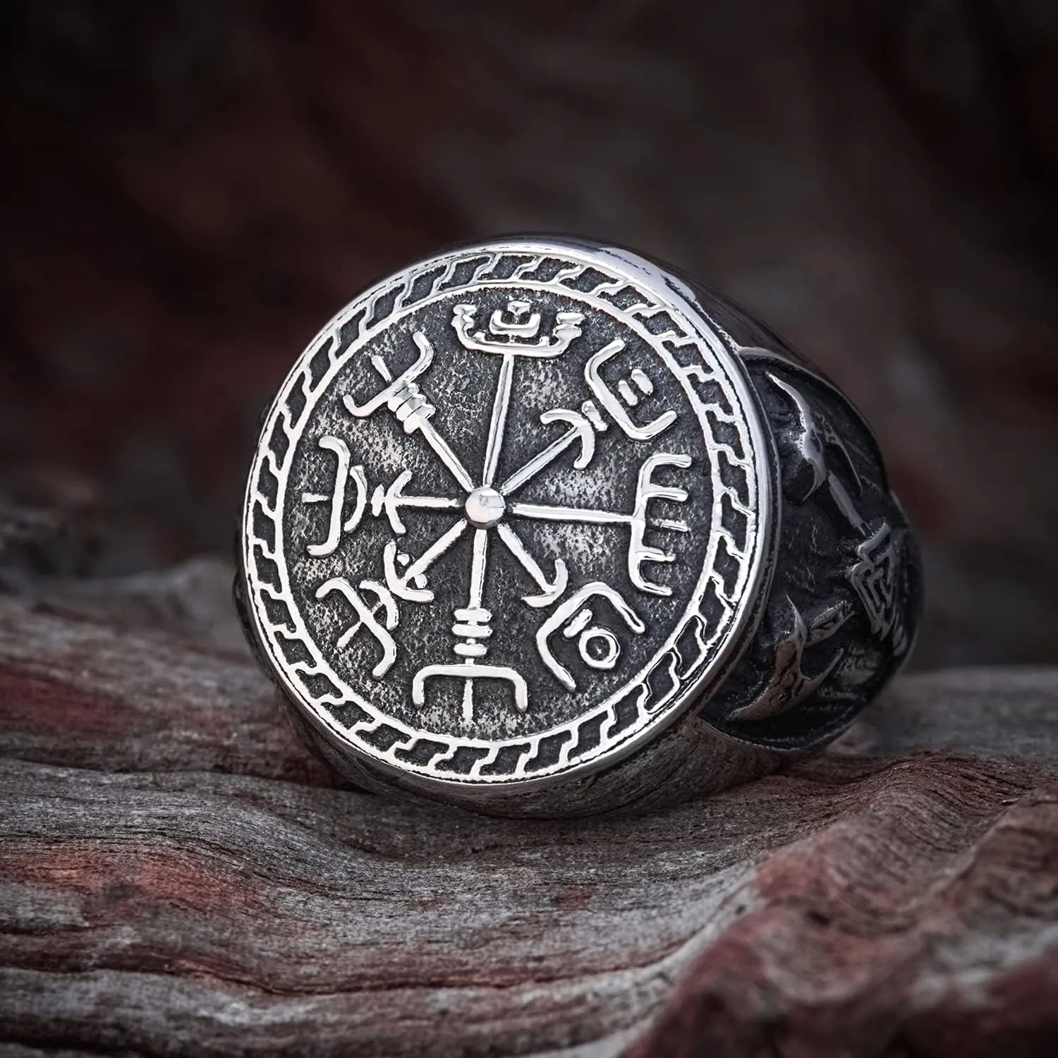BAVIPOWER Viking Vegvisir Nordic Compass Valknut Odin Symbol Rune Celtic Knot Stainless Steel Ring Powerful Guidance Pagan Jewelry