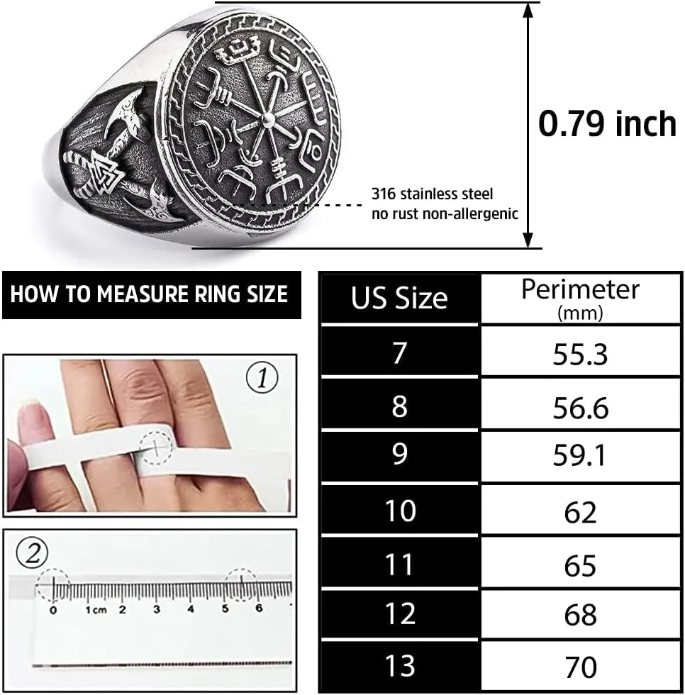 BAVIPOWER Viking Vegvisir Nordic Compass Valknut Odin Symbol Rune Celtic Knot Stainless Steel Ring Powerful Guidance Pagan Jewelry