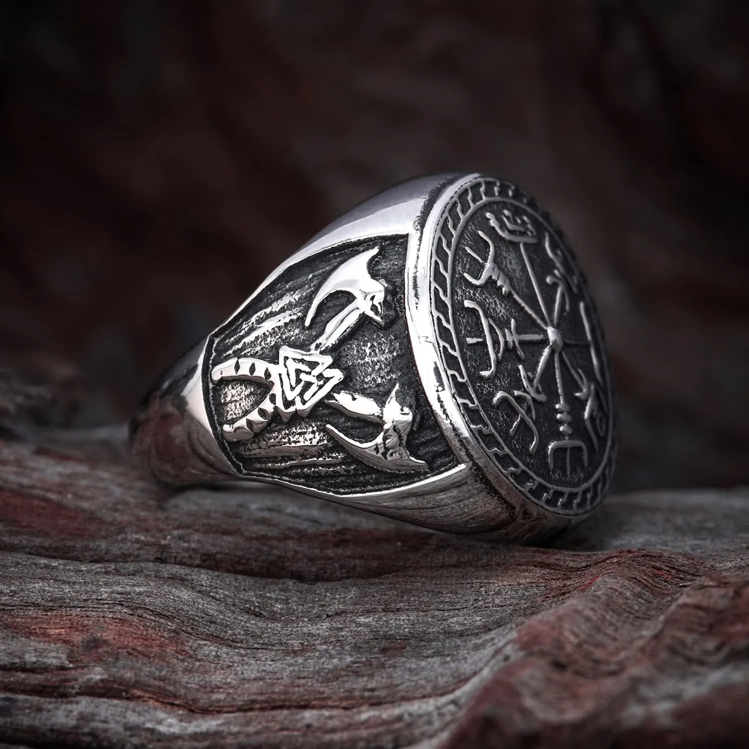 BAVIPOWER Viking Vegvisir Nordic Compass Valknut Odin Symbol Rune Celtic Knot Stainless Steel Ring Powerful Guidance Pagan Jewelry