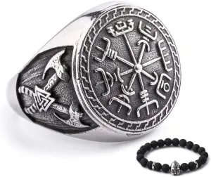 BAVIPOWER Viking Vegvisir Nordic Compass Valknut Odin Symbol Rune Celtic Knot Stainless Steel Ring Powerful Guidance Pagan Jewelry