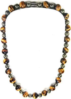 Bead Necklace for Men - 10mm Pyrite and 14mm Tiger Eye Necklace - Large Real Tiger Eye Necklace - Protection Jewelry for Men (Pyrite & Large Tiger Eye)