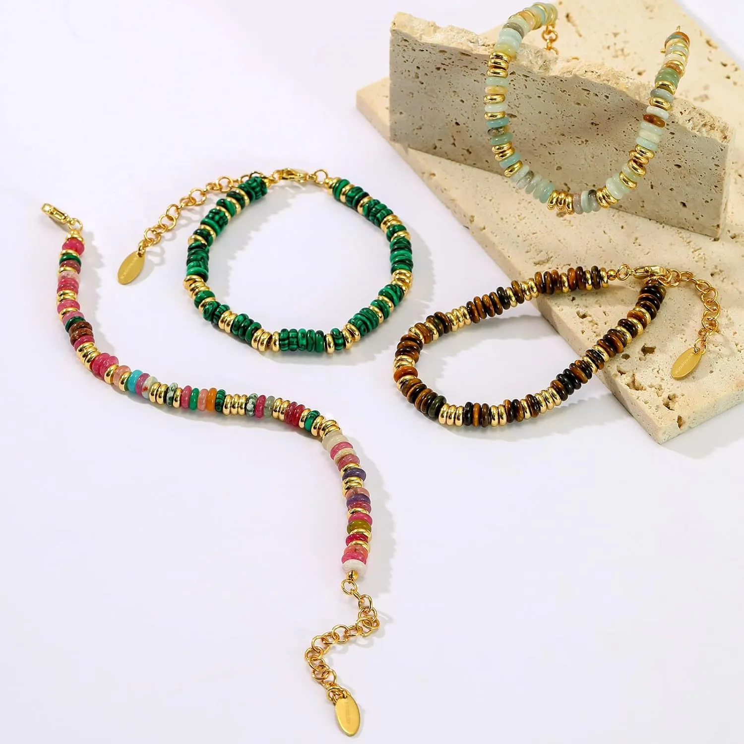 Beaded Bracelet for Women and Girl, Colorful Beach Boho Gems Bracelet 14K Gold Plated Stackable Handmade Bohemian Multicolor Natural Stone Bracelet