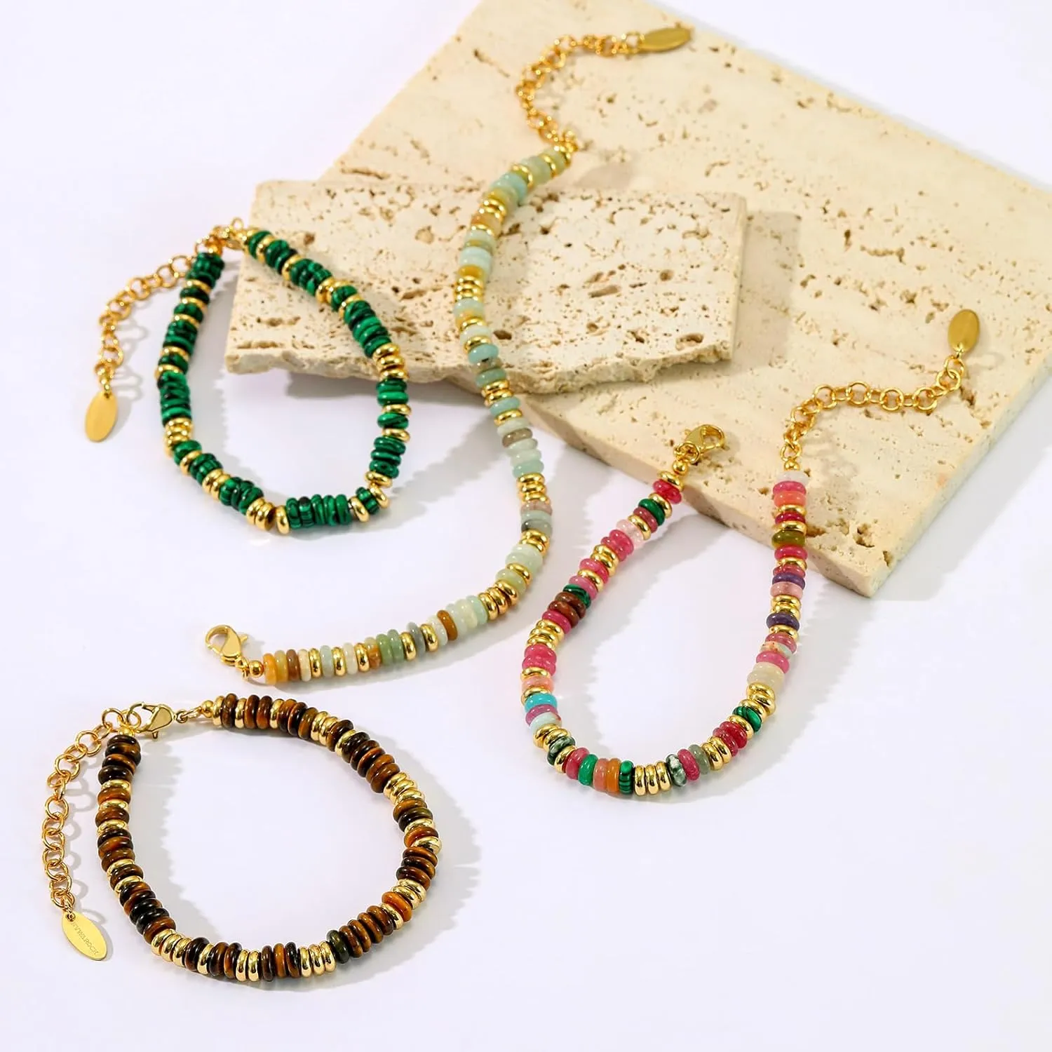 Beaded Bracelet for Women and Girl, Colorful Beach Boho Gems Bracelet 14K Gold Plated Stackable Handmade Bohemian Multicolor Natural Stone Bracelet