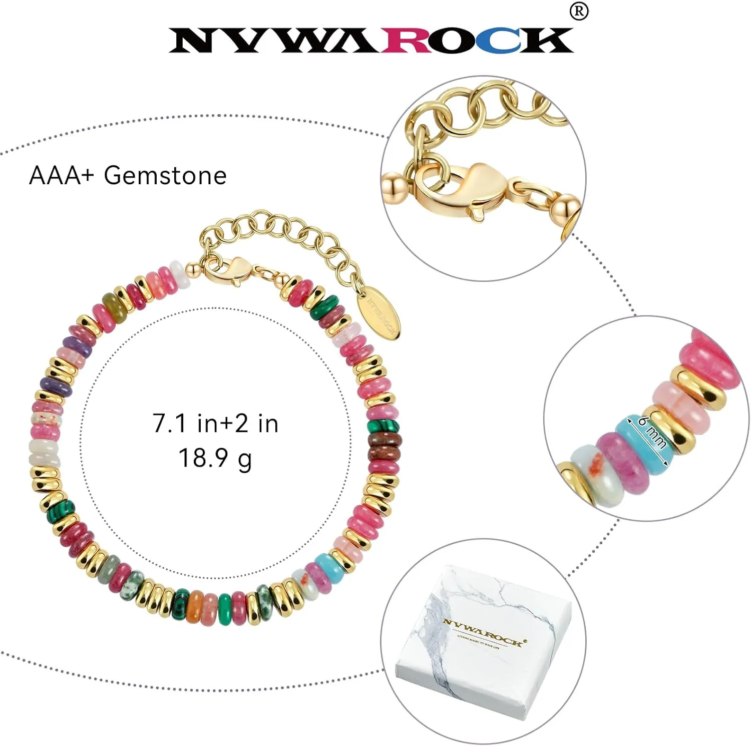 Beaded Bracelet for Women and Girl, Colorful Beach Boho Gems Bracelet 14K Gold Plated Stackable Handmade Bohemian Multicolor Natural Stone Bracelet