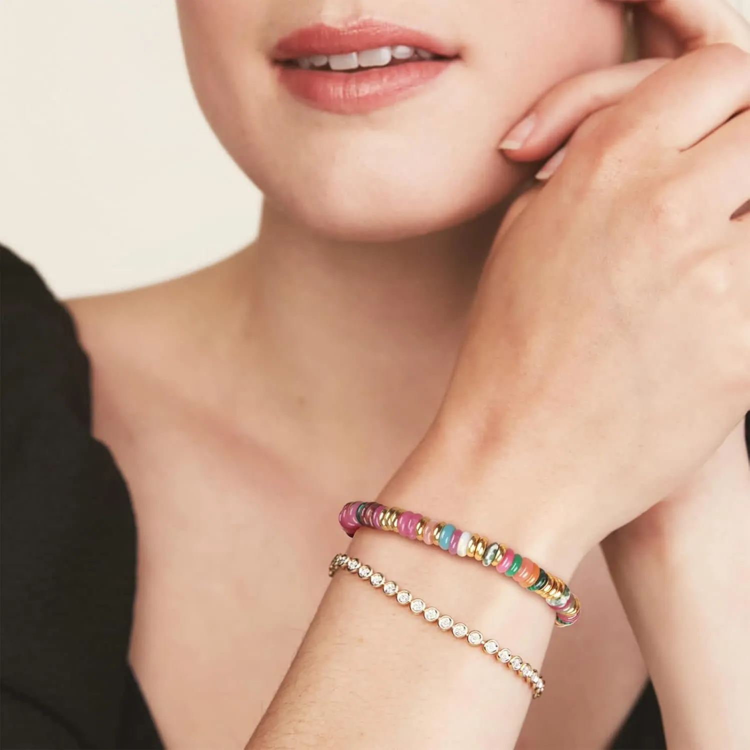 Beaded Bracelet for Women and Girl, Colorful Beach Boho Gems Bracelet 14K Gold Plated Stackable Handmade Bohemian Multicolor Natural Stone Bracelet
