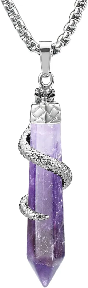 BEADNOVA Healing Crystal Necklace for Women Men Amethyst Snake Tail Wrap Pendant Energy Healing Gemstones Jewelry Pendulum Crystal Divination (Hexagonal, 18 Inches Stainless Steel Chain)