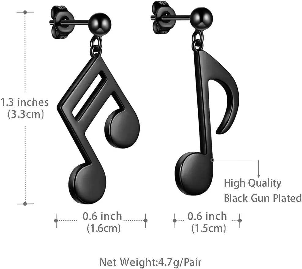 Beautlace Musical Note Stud Earrings Silver/18K Gold/Black Gun Plated Asymmetry Treble Clef Music Note Studs Jewelry Gifts for Music Lover