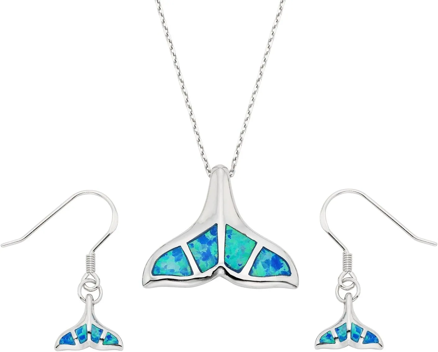 Beaux Bijoux Sterling Silver Created Opal Whale Tail Earrings and Pendant Set with 18" Chain