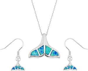 Beaux Bijoux Sterling Silver Created Opal Whale Tail Earrings and Pendant Set with 18" Chain