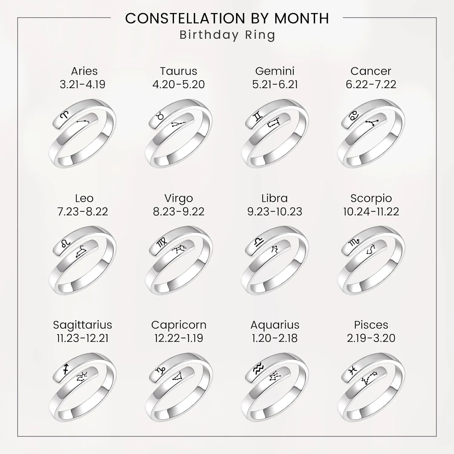 BEILIN 925 Sterling Silver Zodiac Sign Rings Adjustable 12 Constellation Astrology Rings Jewelry Gifts for Women