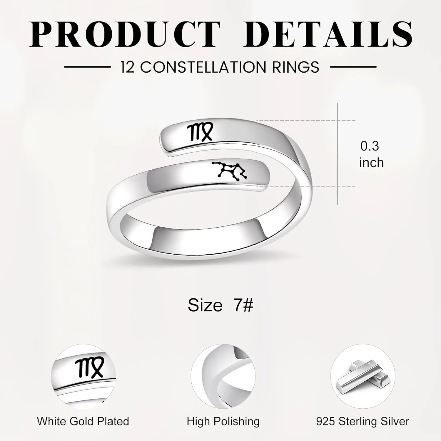 BEILIN 925 Sterling Silver Zodiac Sign Rings Adjustable 12 Constellation Astrology Rings Jewelry Gifts for Women